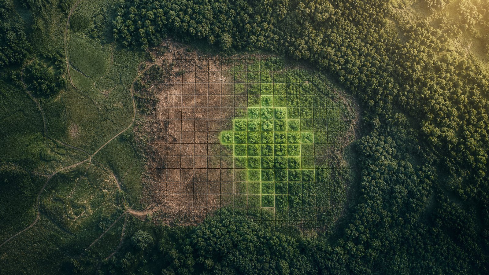 Illustration of a forest map patch with a few demo squares turning green.